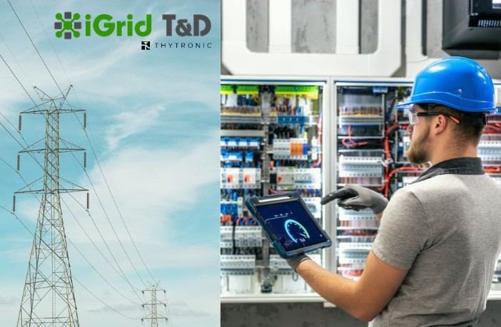 Transmission tower with a field technician at a substation operating equipment using iGrid SCADA software.